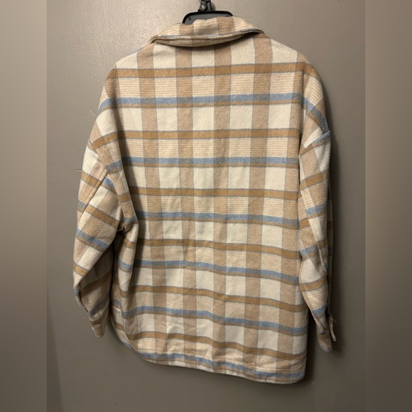 Pink Lily shacket - cream/blue/tan plaid wool blend button front oversized - Picture 6 of 9